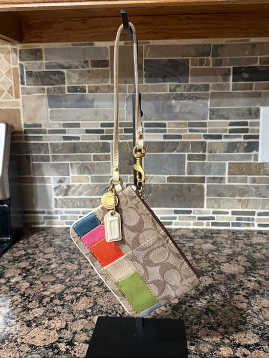 Coach Handbags - Coach Y2K Tan Signature Canvas Wristlet with Multicolor Stripe Accents